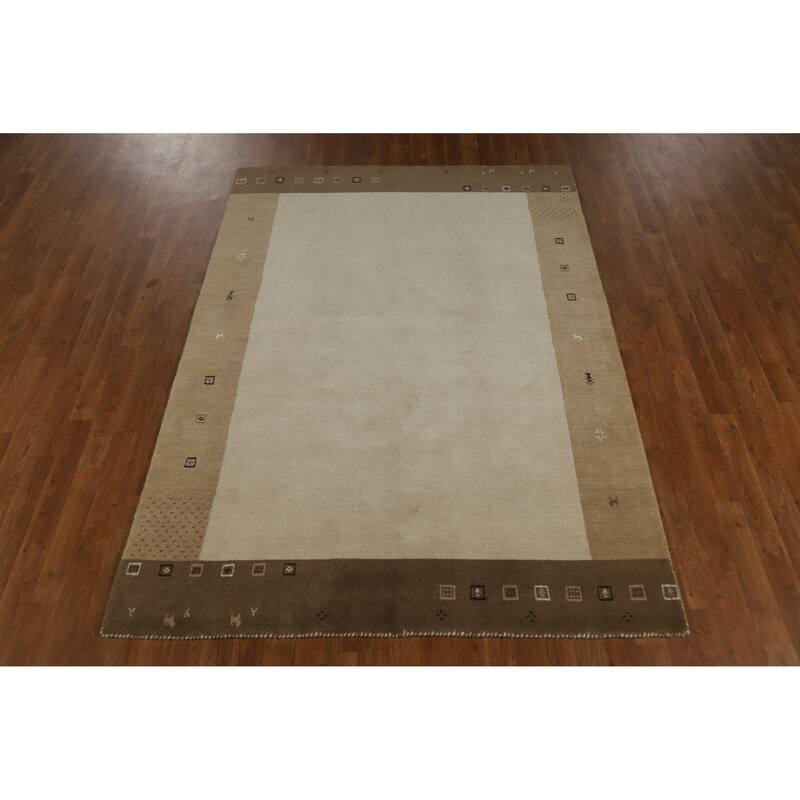 Beige Tribal Gabbeh Indian Rug Hand-Knotted Wool Carpet - 5'2" x 7'6"