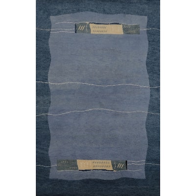Hand Knotted Oriental 100% Wool Carpet Modern Bordered Navy Blue & Blues Gabbeh Area Rug - 7' 10'' X 5' 8''