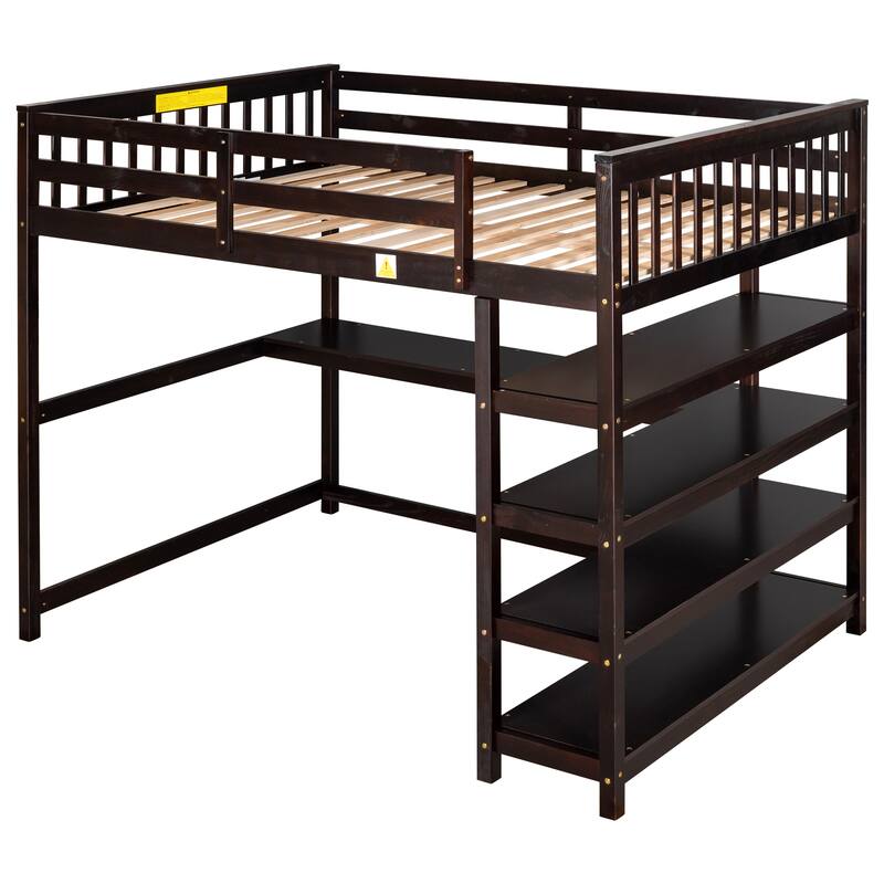 Full Size Loft Bed with Storage Shelves and Under-bed Desk in Espresso Finish