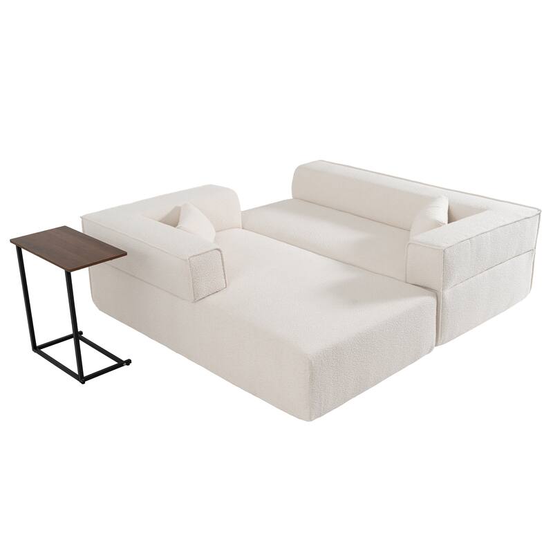 112" Beige Boucle Modular Sofa, Free Table & 2 Pillows, No Assembly