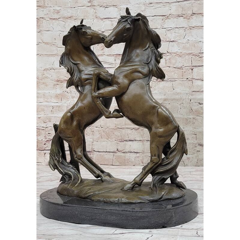 Dueling Stallion Imitative Horses Hot Cast Bronze Sculpture Statue Decor Original Art On Marble Base