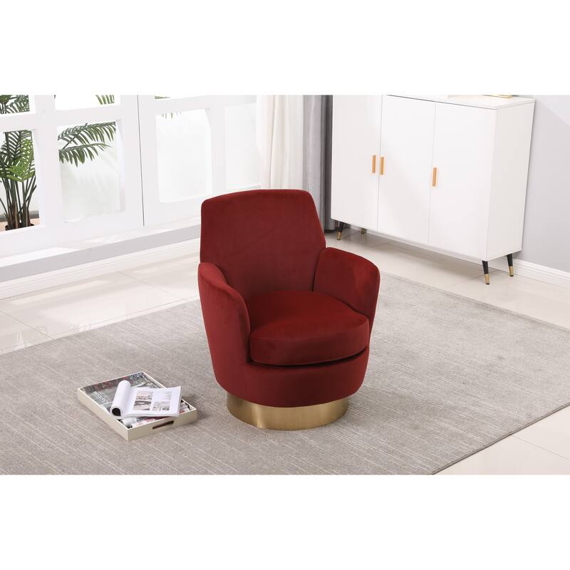 Red Velvet Modern 29.3" Upholstered Swivel Barrel Chair with Gold Stainless Steel Base