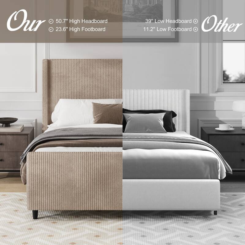 50.7Inch High Headboard Corduroy Upholstered Bed Frame