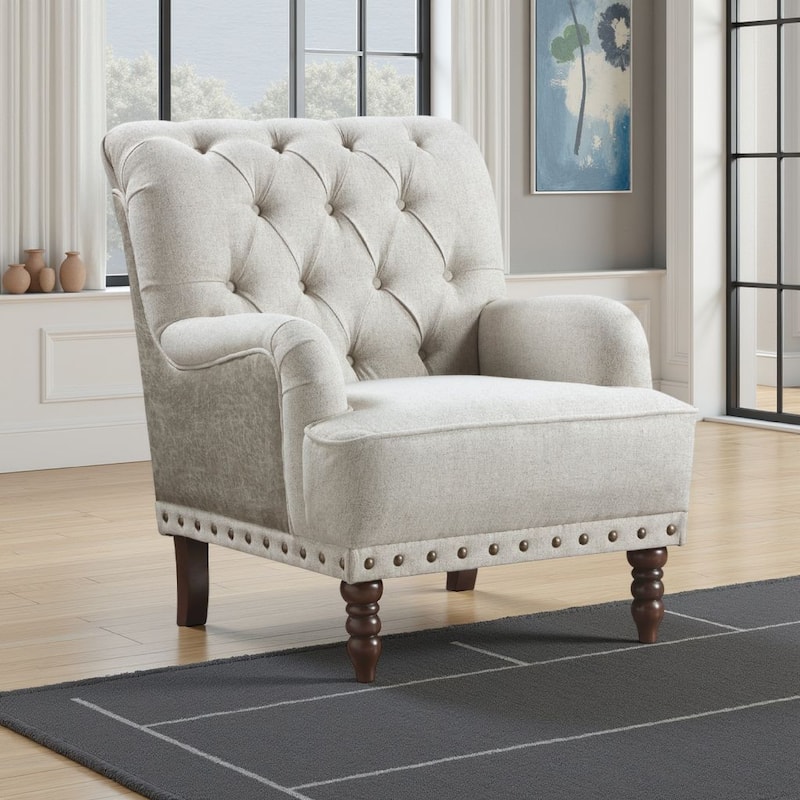 Zeya Accent Armchair, Button Tufted Beige Textured Polyester, Brown