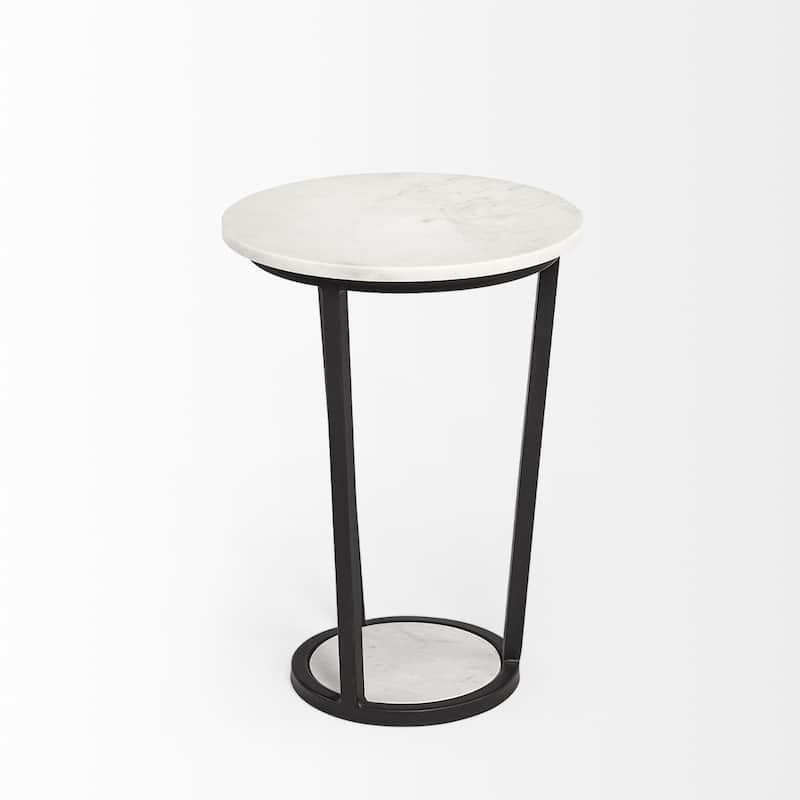 Black Metal End Table with White Marble Top and Abstract Round Base - 15” x 15” x 20.9” (D x W x H)