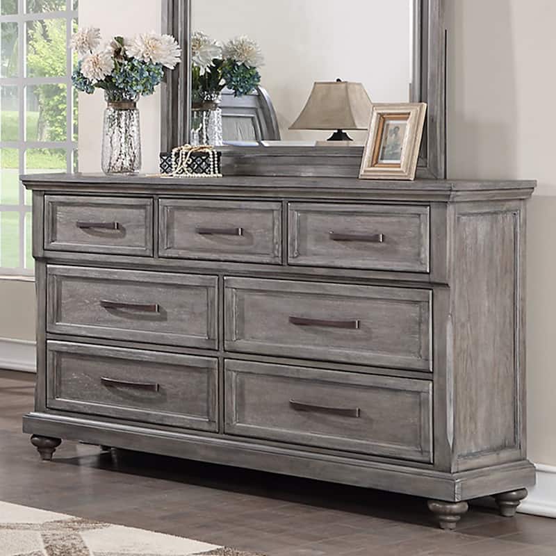 7 Drawers Wooden Dresser with Turned Bun Legs in Gray