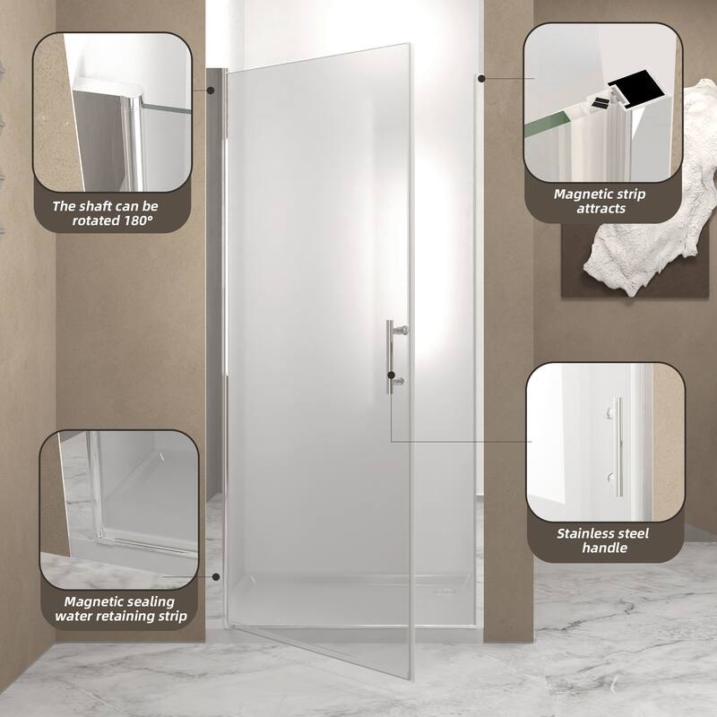 33-32"x 72" Pivot Shower Door, Aluminum Frame, Half Frame ,1/4"(6mm) Tempered Glass Explosion Proof Film