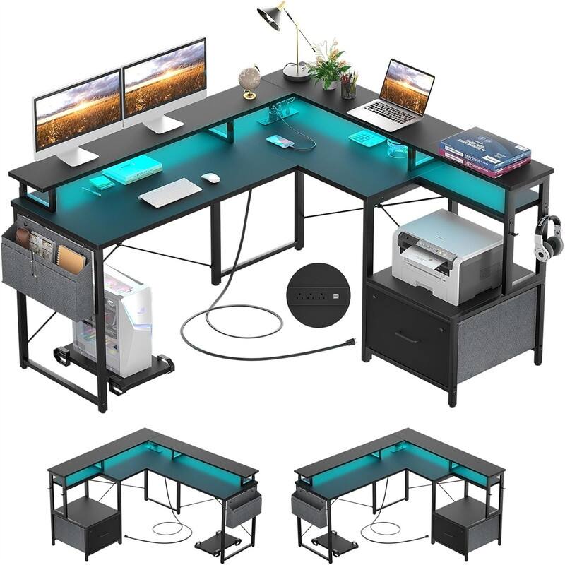 L Shaped Desk with Power Outlet and LED Strip - Black