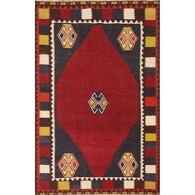 Red Kilim Qashqai Persian Vintage Area Rug Hand-Woven Wool Carpet - 4'3"x 6'7"