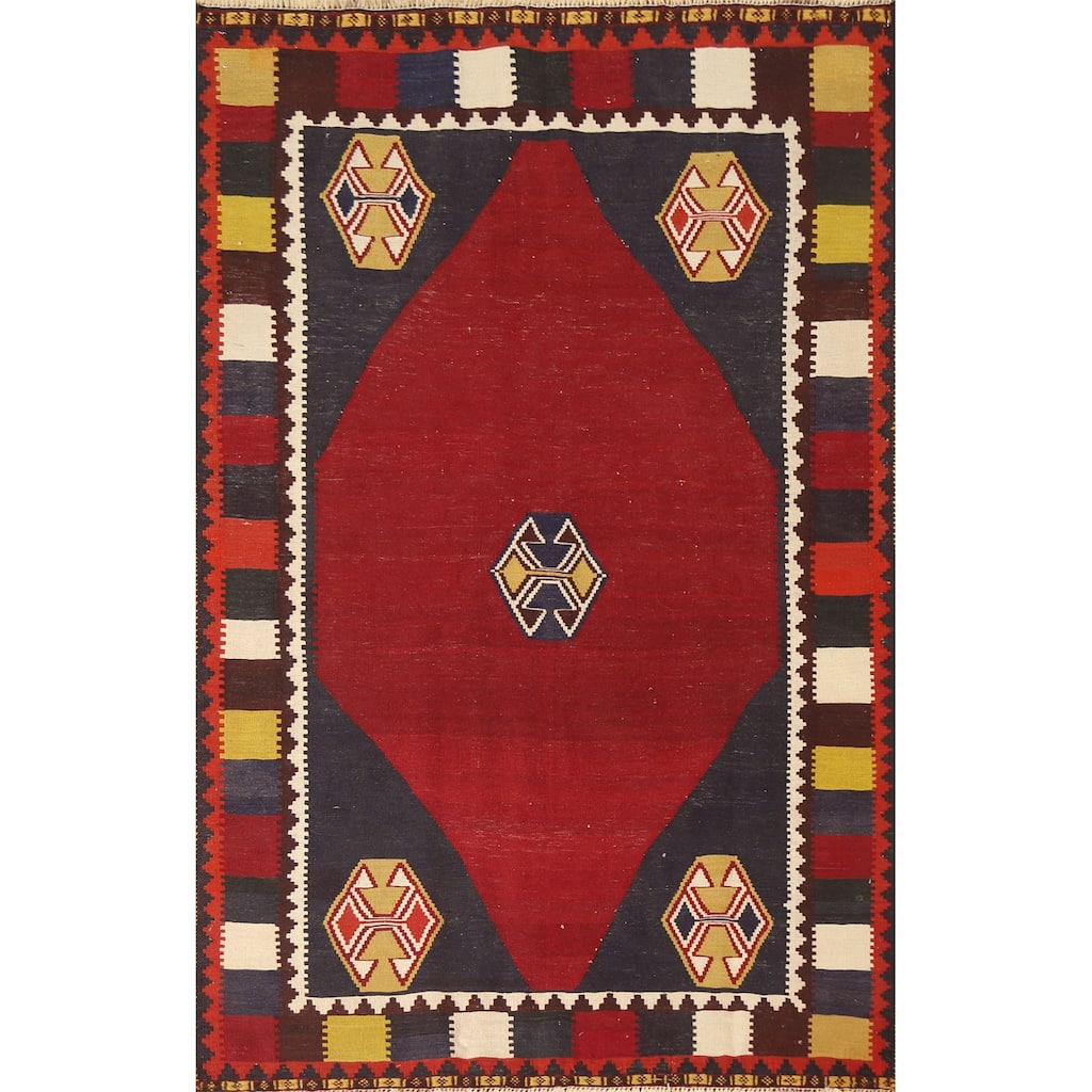 Red Kilim Qashqai Persian Vintage Area Rug Hand-Woven Wool Carpet - 4'3"x 6'7"
