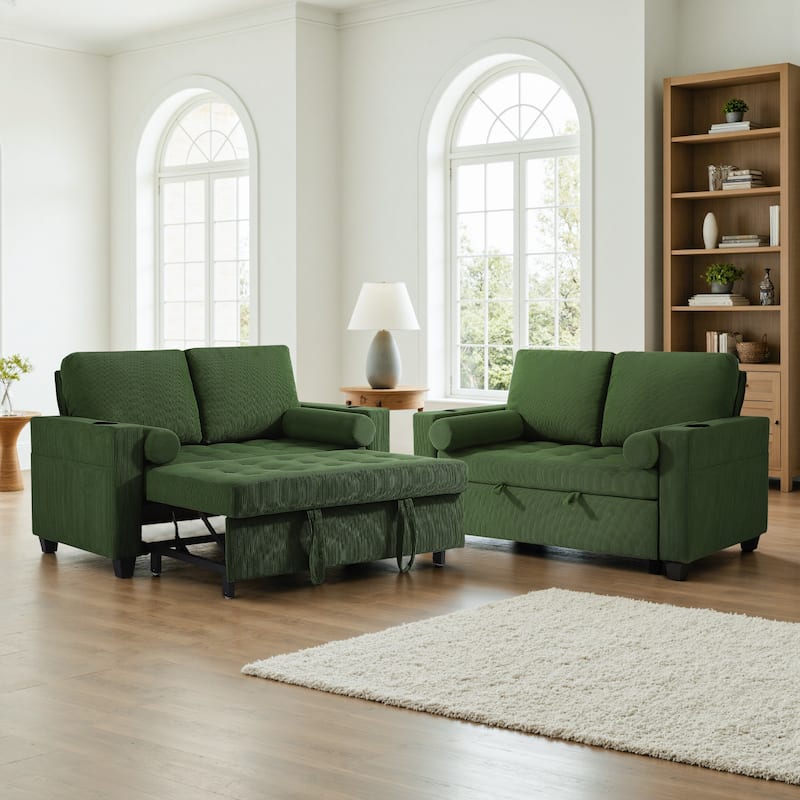 2 Set Corduroy Convertible Sleeper Sofa Bed Loveseats with Cup Holder, USB Ports - Green