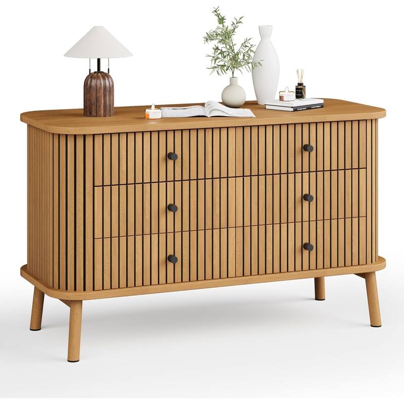 6 Drawer Dresser, Horizontal Chests of Double Drawers for Bedroom, Mid Century Dresser Spacious Storage