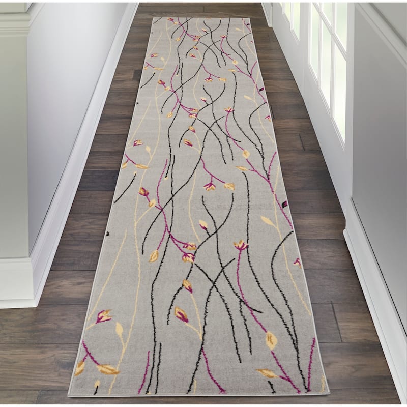 Nourison Grafix Floral Botanical Transitional Area Rug - 2'3" x 12' Runner - Grey