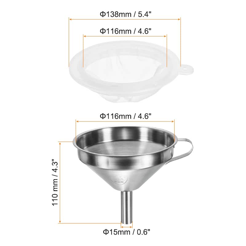 5.1" Dia Stainless Steel Kitchen Funnel with 100 Mesh Strainer - White, Silver Tone - White, Silver Tone