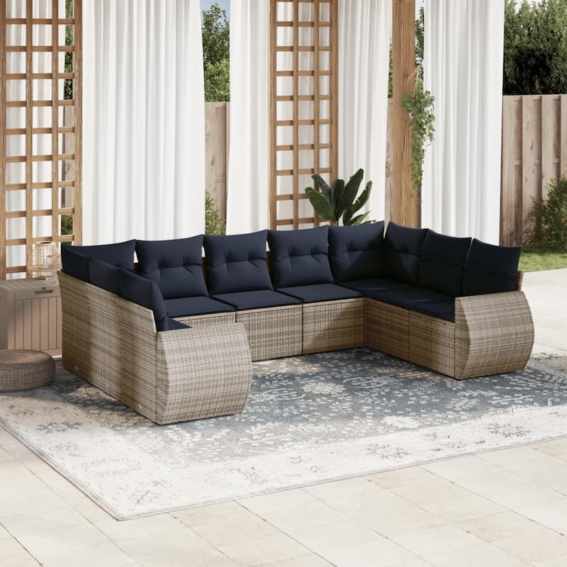 vidaXL 9 Piece Patio Sofa Set with Cushions Grey Poly Rattan - 24.4" x 24.4" x 27.2" - Grey and blue Without table