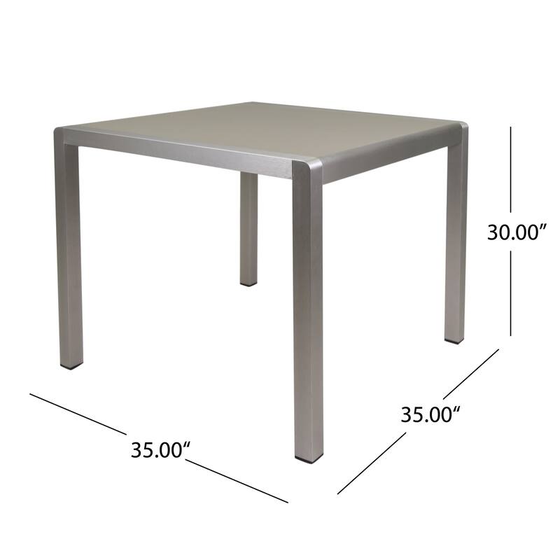 Roomfitters 35" Outdoor Dining Table with Anodized Aluminum Frame and Tempered Glass Tabletop, Square Design, Silver Finish