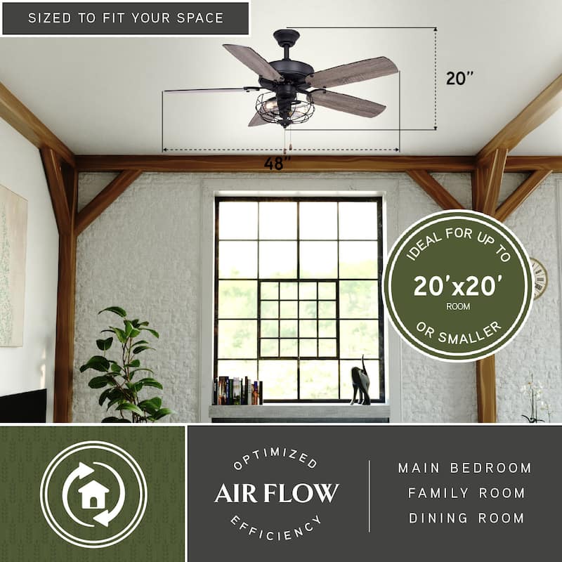 Reed 48-in. Matte Black Farmhouse Ceiling Fan with LED Cage Light Kit and Pull Chains - 48-in W x 20-in H x 48-in D