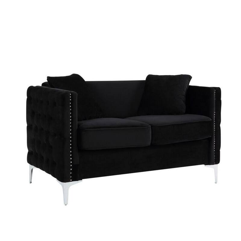 Zion 3 Piece Sofa Set with Loveseat and Chair, Button Tufted, Black Velvet