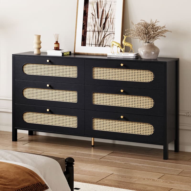 Moasis 4-6-Drawer Dresser Chest Drawer Storage Cabinet Rattan Wood Closet