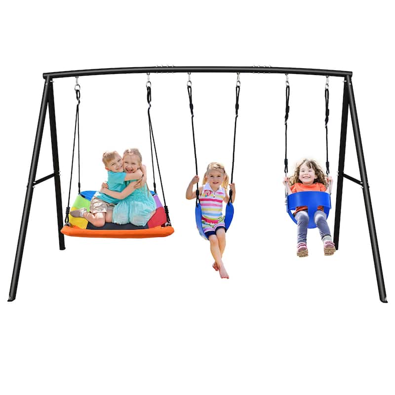 Hapfan 440lbs Heavy Duty Metal A-frame Swing Sets for Backyard with Toddler Swing, Belt Swing, Saucer Swing