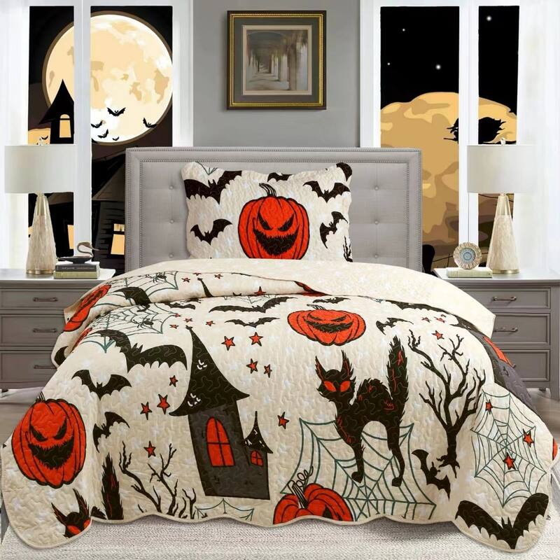 Twin/Full Size Halloween Themed Quilt Bedspread Set Pumpkins, Black Cats, Bats, Haunted Houses ME503 - Twin