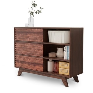 3 Tier Modern Brown Storage Cabinet with Slatted Sliding door - Bed ...