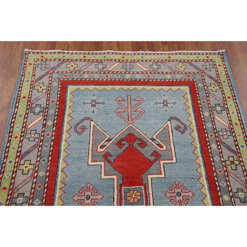 Light Blue Geometric Kazak Foyer Rug Hand-Knotted Wool Carpet - 3'6" x 5'3"