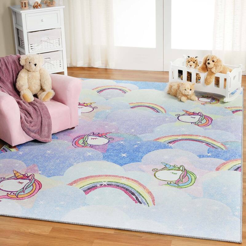 Unicorn Rainbow Colorful Playroom Indoor Area Rug by Superior - 4' x 6' - Sapphire Blue