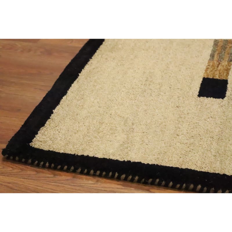 Hand Knotted Oriental 100% Wool Carpet Modern Geometric Beige & Ivories Gabbeh Area Rug - 5' 11'' X 4' 0''
