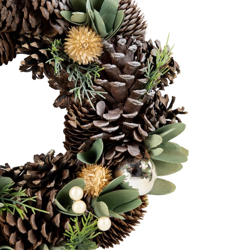 Silver and Green Mixed Foliage and Pinecone Christmas Wreath 13.5-Inch Unlit - 13.5"