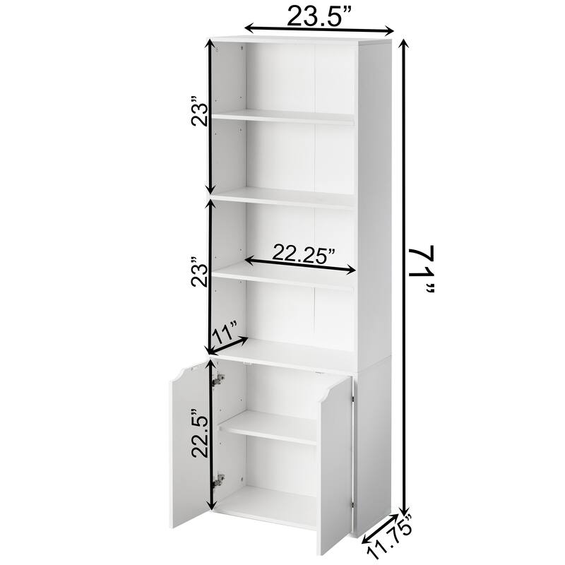 71" White 4 Tier Open Book Shelf with 2 Doors and 1 Adjustable Shelf - Ideal for Home Office, Living Room, Classroom, Study Room