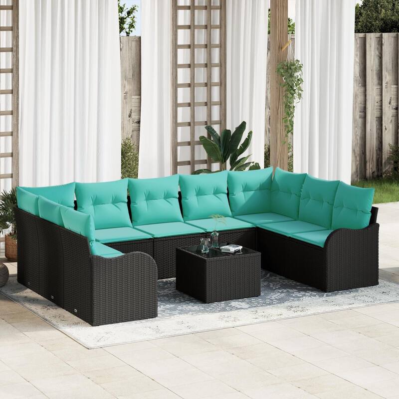 vidaXL 9/10 Garden Sofa Set with Cushions Black/Brown/Grey Poly Rattan - 113.8 x 69.9 x 27.2 - Black with table