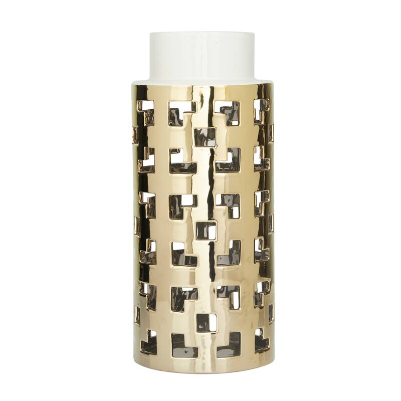 CosmoLiving by Cosmopolitan Gold Ceramic Decorative Vase with Gold Cut Out Accents