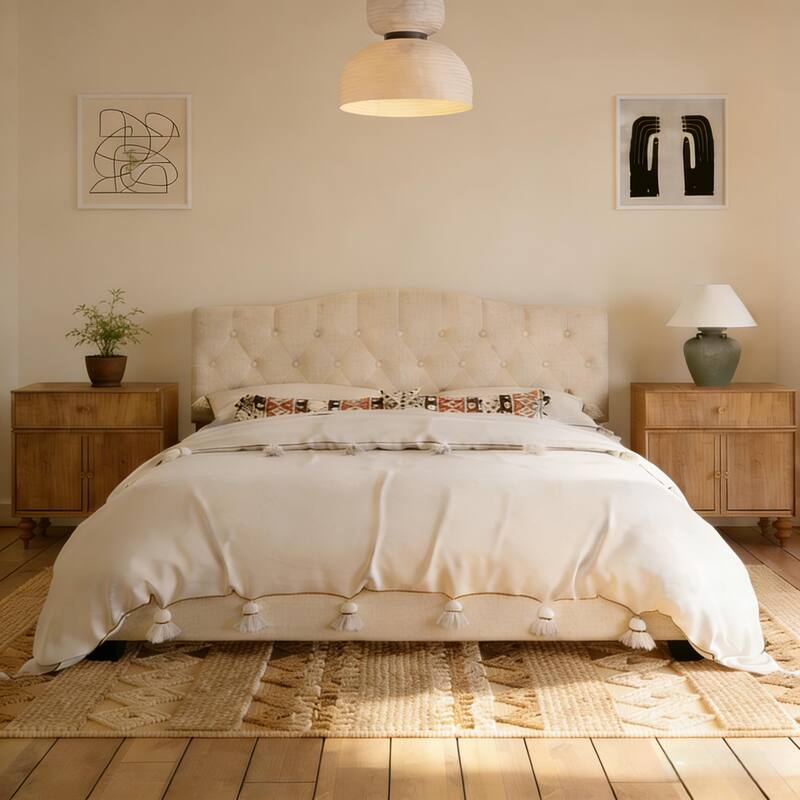 Linen Upholstered Platform Bed Frame with Saddle Curved Adjustable Headboard and Diamond Tufted Details