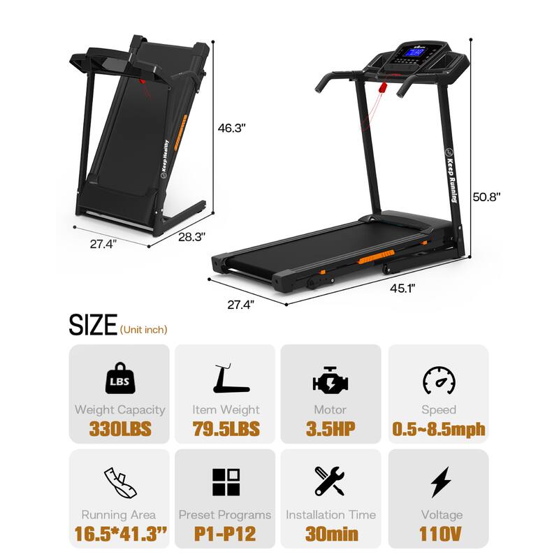 Portable Foldable Treadmills, Small Folding Treadmill, Walking Running Exercise Electric Treadmill w/LED Display, Pulse Monitor