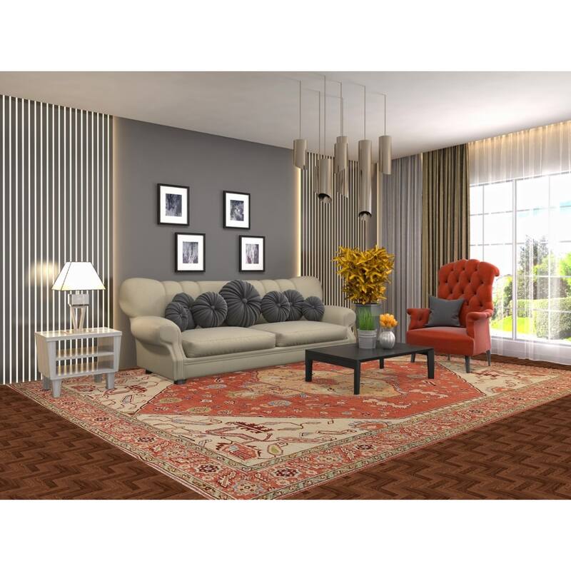 Vegetable Dye Orange Heriz Serapi Oriental Rug Handmade Wool Carpet - 8'11"x 11'8"