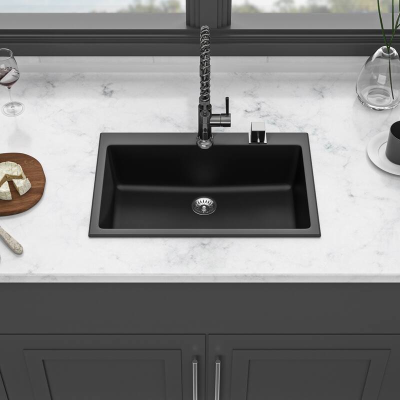 Drop-In Single Bowl Quartz Kitchen Sink - 33'' x 22'' x 9.65'' - Black