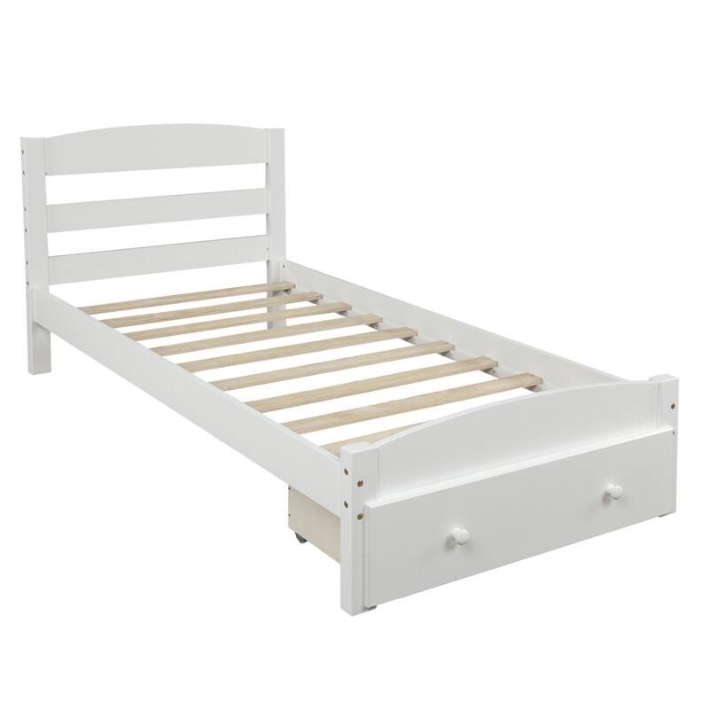 Platform Twin Bed Frame with Storage Drawer and Slat