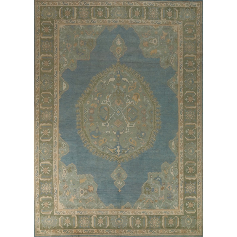 Hand Knotted Oriental 100% Wool Carpet Transitional Medallion Navy Blue & Blues Oushak Area Rug - 11' 11'' X 9' 2''