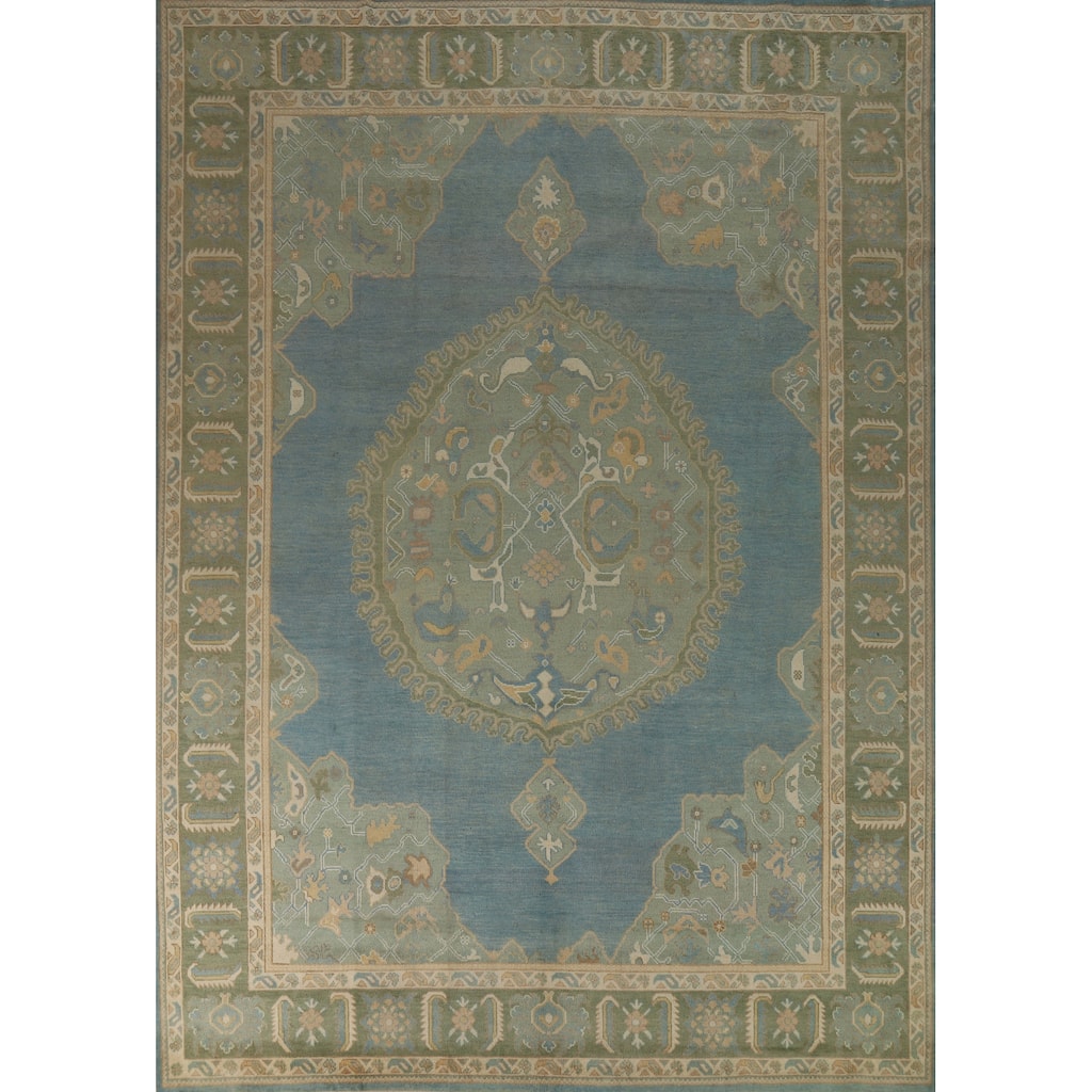 Hand Knotted Oriental 100% Wool Carpet Transitional Medallion Navy Blue & Blues Oushak Area Rug - 11' 11'' X 9' 2''