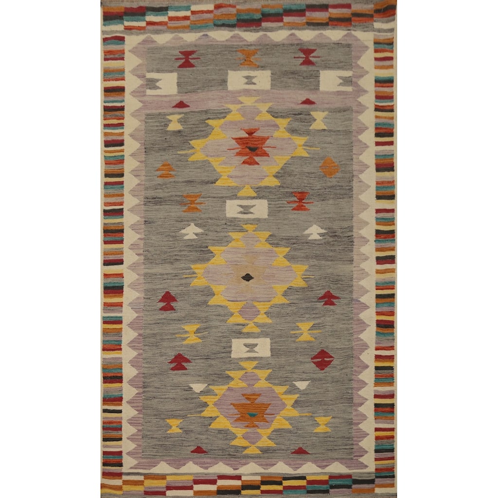 Hand Woven Oriental 100% Wool Carpet Southwestern Tribal Greys & Charcoal Kilim Area Rug - 7' 10'' X 4' 10''