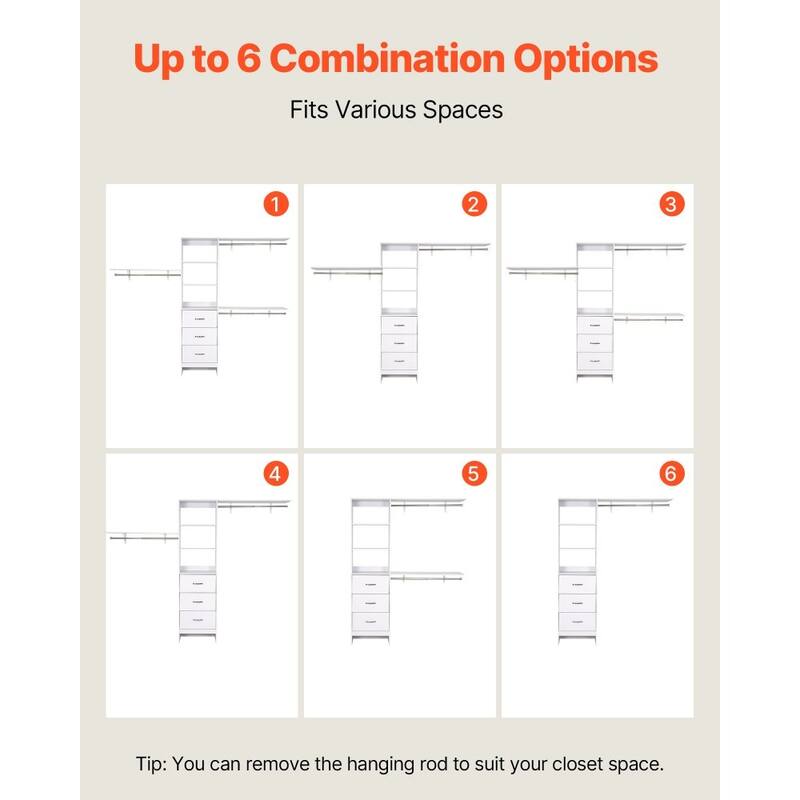 White Wooden 3 Drawers Closet Organizer with 12 Compartments Adjustable Rods for Large Storage - 95.7” x 16” x 75”