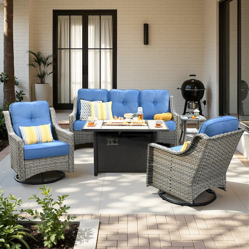 HOOOWOOO 5-piece Wicker Outdoor Furniture Swivel Chairs Set with Fire Pit - Diamond Blue