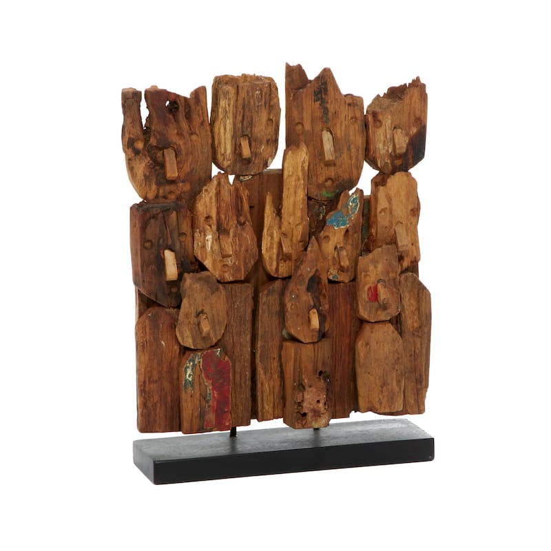 Brown Teak Wood Handmade Carved Abstract Decorative Sculpture with Faces - 13 x 4 x 16