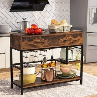 Kitchen Island Table with 2-Drawer and Wine Glass Holder, Kitchen Utility  Shelf with Open Storage - 39.4
