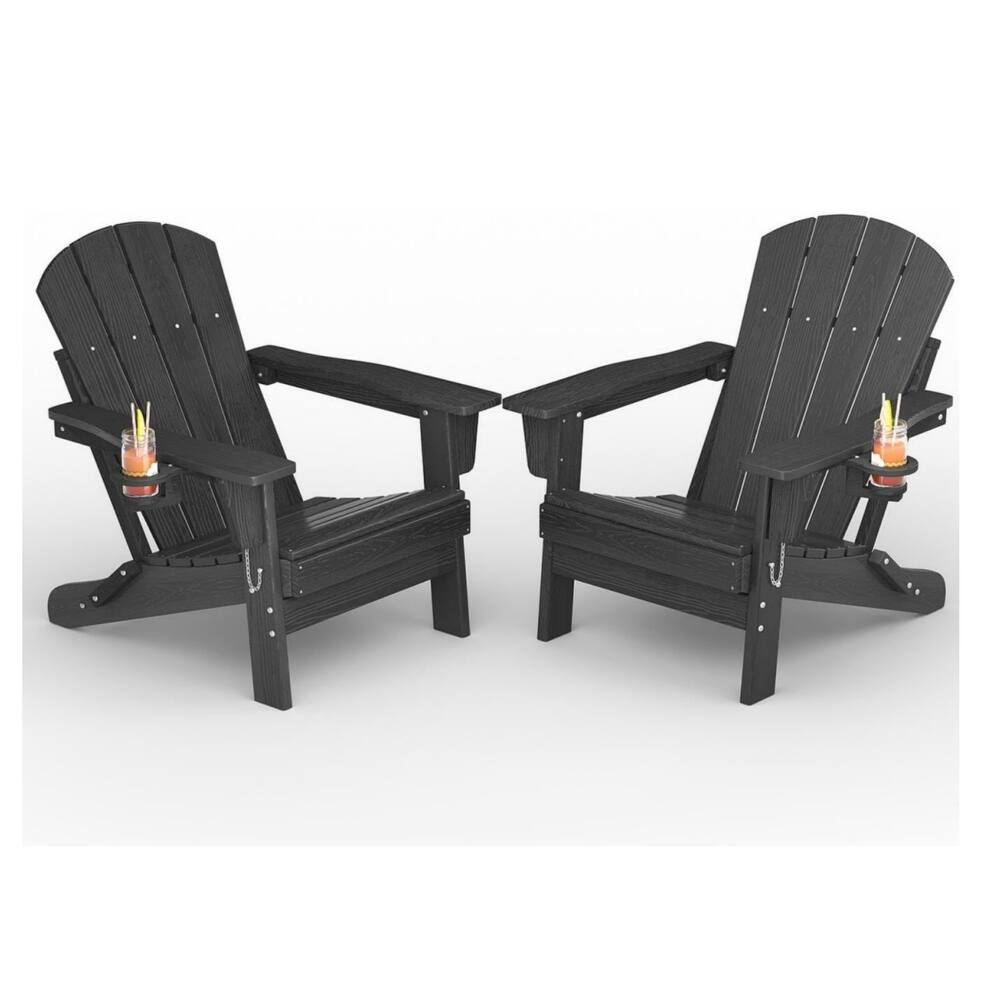 2-Pack Folding Adirondack Chairs HDPE All-Weather Outdoor Seating with Cup Holder and Wood-Look Texture