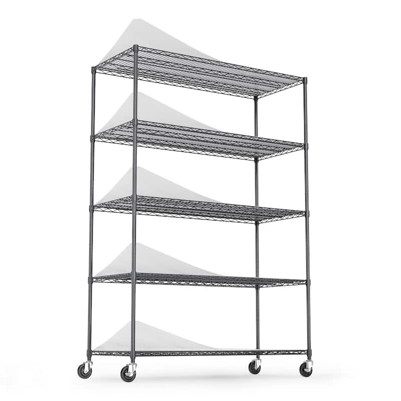5-Tier Heavy Duty Adjustable Storage Rack, Metal Shelf Wire Shelving Unit with Wheels & Shelf Liners