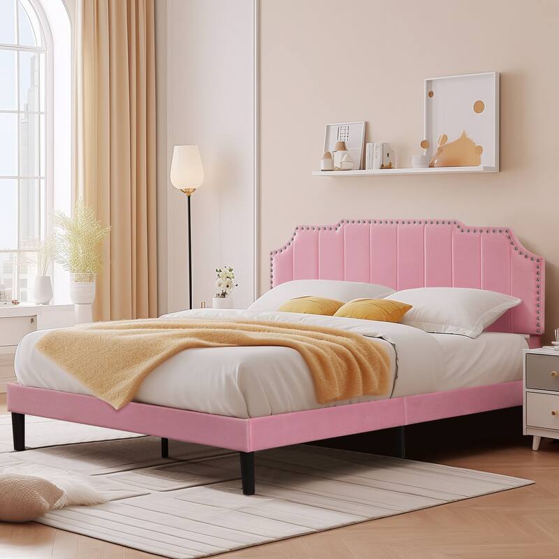 VECELO Upholstered Bed Frame with Nailhead Trim Adjustable Height Headboard, Twin/Full/Queen Size Bedframes