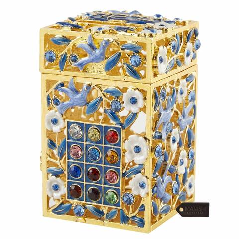 Matashi Hand-Painted Enamel Tzedakah Charity Box, Keepsake Treasure Box Embellished w/ Crystals and a Flower Dove Motif Design