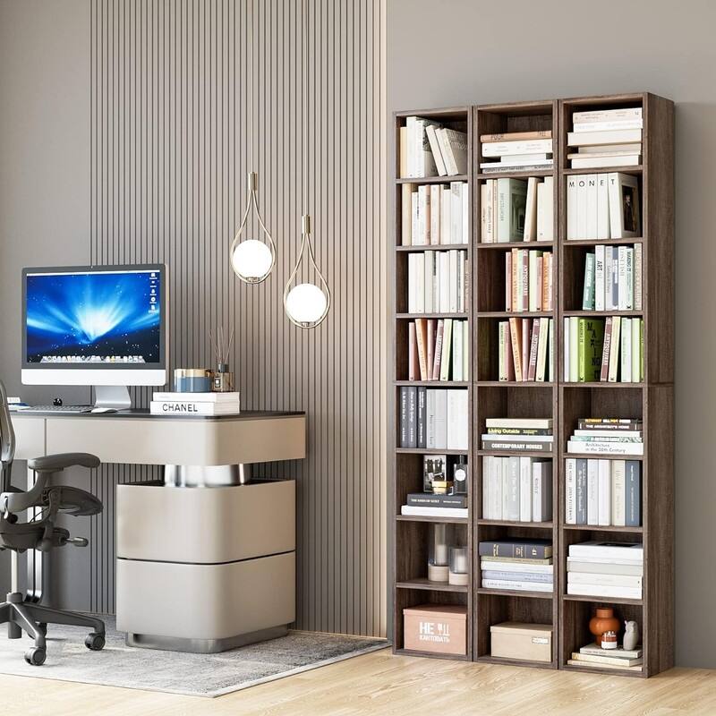 Grondin 8-Tier Media Tower, Wooden Media Storage Rack with Adjustable Shelves, Tall Narrow Bookcase Display Bookshelf